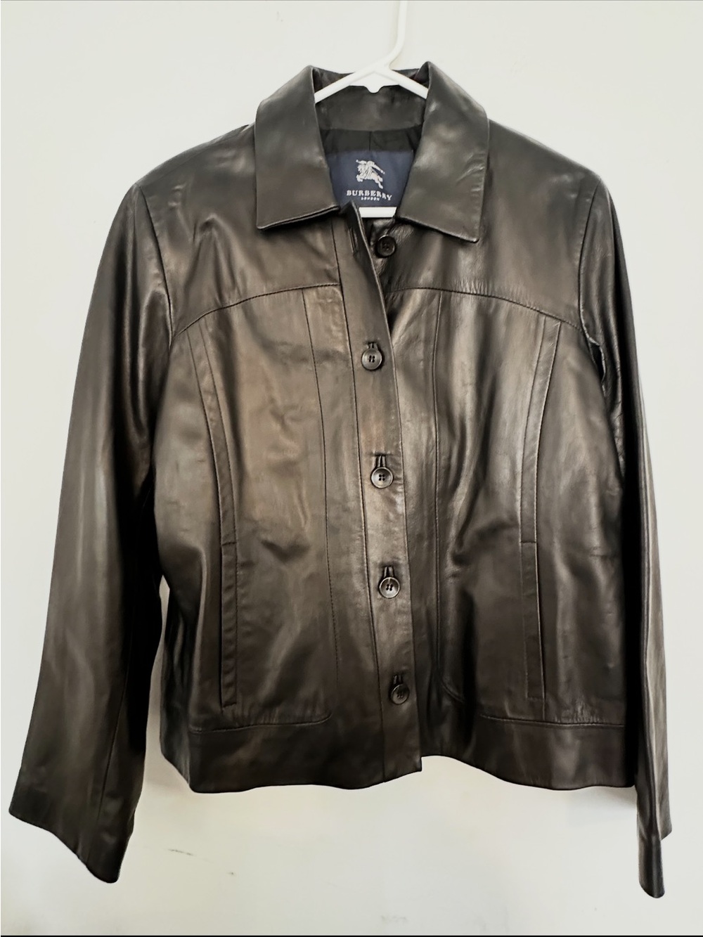Burberry Black Leather Button-Front Jacket with Classic Collar